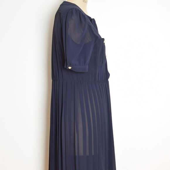 vintage 80s dress navy blue pleated bow military secretary midi tea dress M - Picture 6 of 9